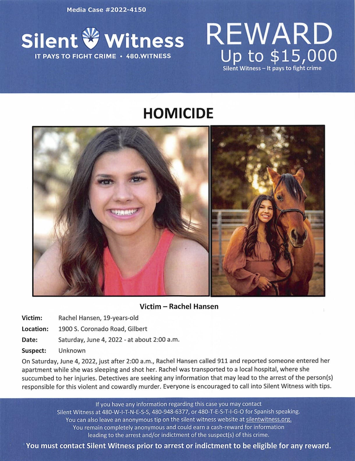 Reward Offered in Rachel Hansen Homicide Case