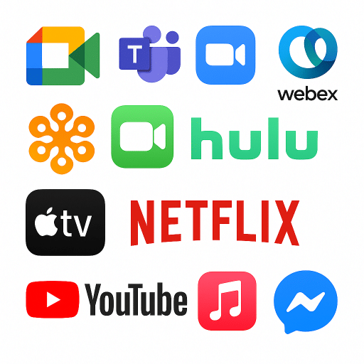 Logo - Google Meet, Microsoft Teams, Zoom, Webex, GotoMeeting, FaceTime, Hulu, Netflix, Apple TV+, YouTube, Apple Music, Apple iMessage, and Facebook Messenger